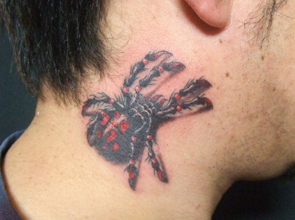 Татуировка паук на шее.